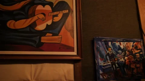 Old paintings on the walls in an analog recording studio Stock-Footage 218363353