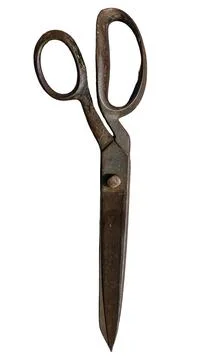 Old pair of rusted tailor scissors isolated on a white background showing s.. Foto stock