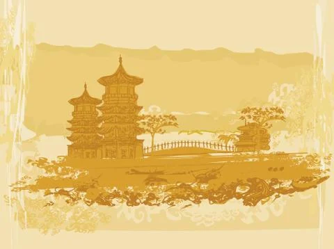 Old paper with chinese temple on abstract asian landscape Stock Illustration