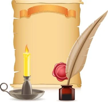 Old paper conflagrant candle and feather with inks Stock Illustration