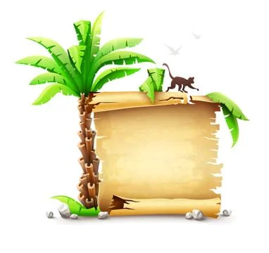 Old paper manuscript bundle and palm with monkey silhouette. Illustration. Stock Illustration