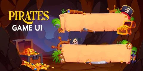 Old paper pirate scroll banners in treasures cave Ilustración de archivo
