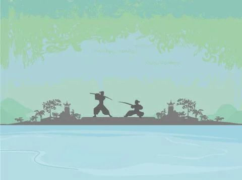 Old paper with samurai silhouette Stock Illustration