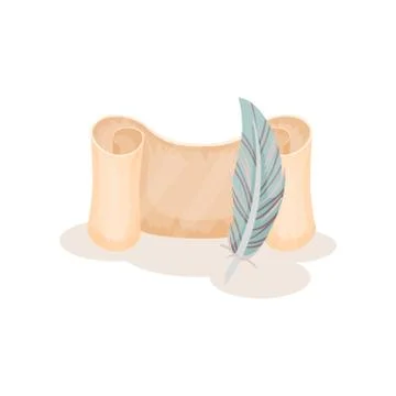 Old paper scroll and quill pen, parchment, manuscript, symbols of retro writing Stock Illustration