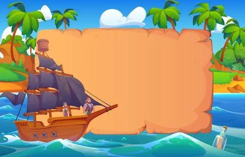Old paper scroll banner and pirate ship sailing Stock Illustration