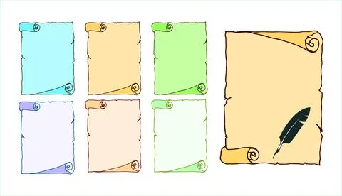 Old paper scroll in multicolor, set of seven with quill as graphics elements Stock Illustration