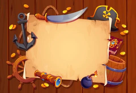 Old paper scroll parchment with pirate weapons Stock Illustration