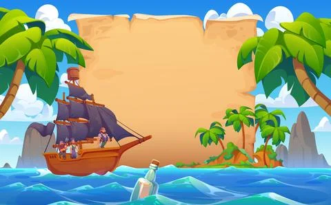 Old paper scroll with pirate sail ship and bottle Stock Illustration