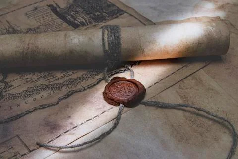 An old paper scroll sealed with a wax seal. The manuscript is rolled up and s Stock Photos