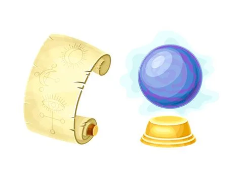 Old Paper Scroll with Spell Symbol and Crystal Ball as Magical Object and Stock Illustration
