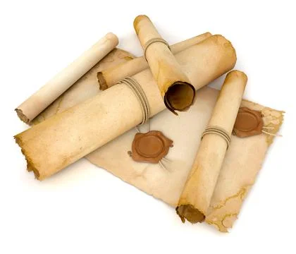 Old paper scroll with wax seal. Pile of archival documents Stock Illustration