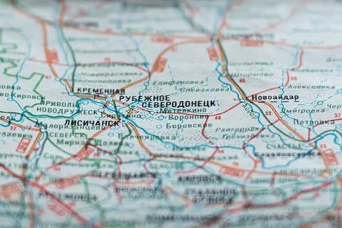 Old paper Soviet map with Severodonetsk. Kyiv, Ukraine - may, 2022. Foto stock