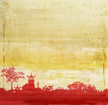 Old paper with temple on asian andscape - raster Stock Illustration