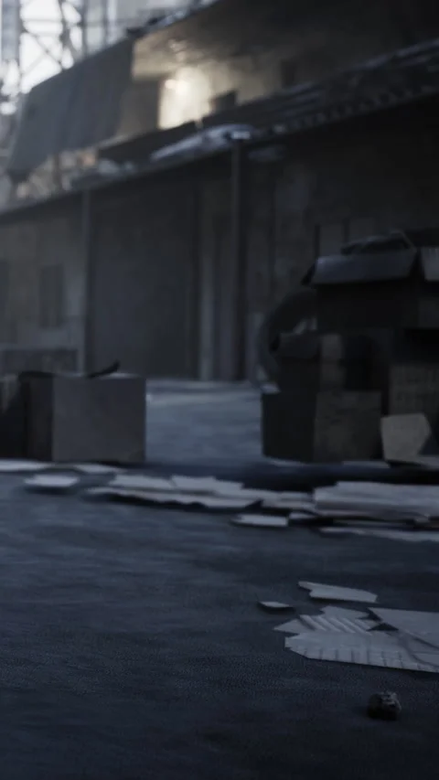 Old papers and boxes are scattered on an empty street in a city area Stock Footage 339035812
