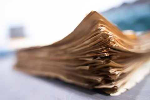 Old papers, stacks of old papers on the desk Stock Photos