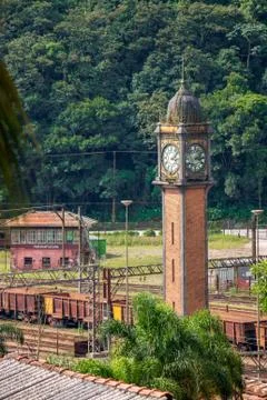 Old Paranapiacaba Clock Tower In The Train Station in Santo Andre District. Stock Photos