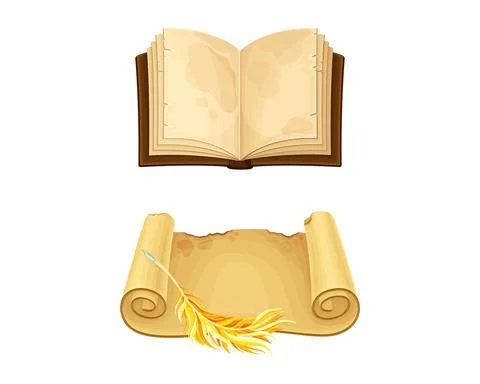 Old parchment paper scroll and opened book set vector illustration 스톡 일러스트