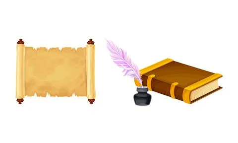 Old parchment paper scroll, opened book, quill pen and inkwell set vector Stock Illustration