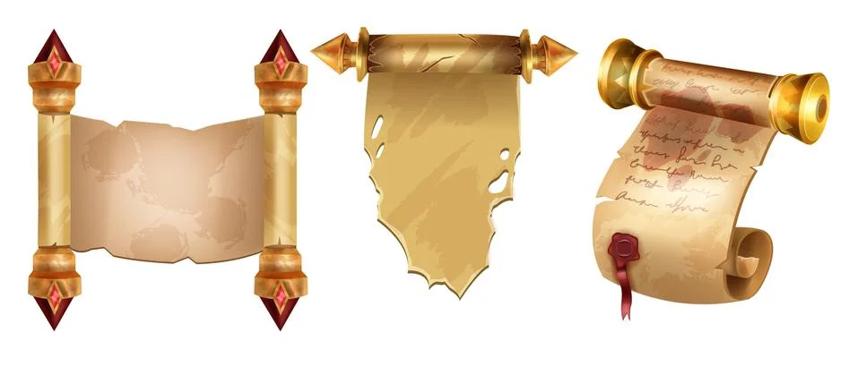 Old parchment paper scroll vector set, ancient papyrus document background Illustrazione stock