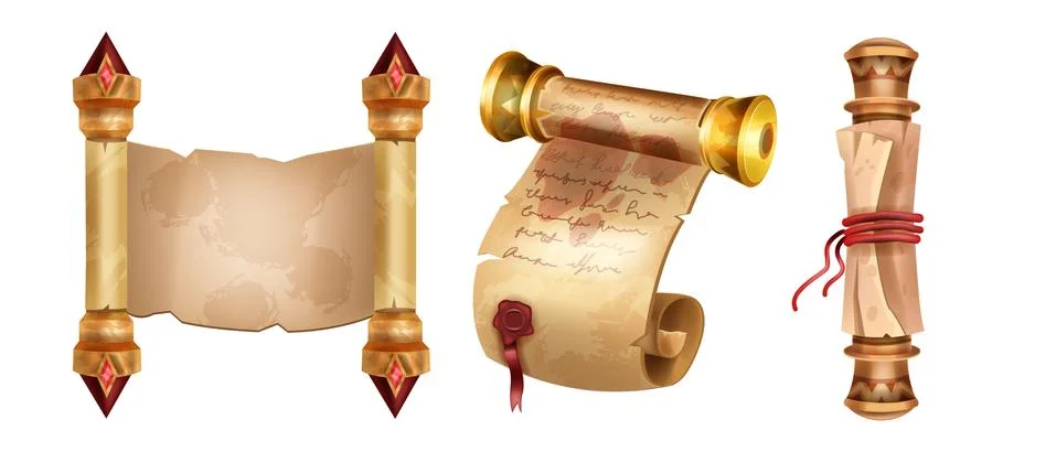 Old parchment paper scroll vector illustration set, ancient papyrus document イラスト素材