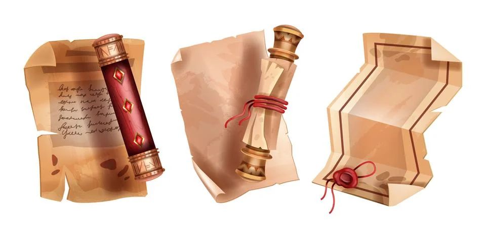 Old parchment paper scroll vector set, ancient papyrus roll document Stock Illustration
