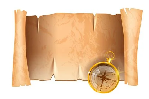 Old parchment paper scroll vector pirate map roll golden compass illustration Stock Illustration