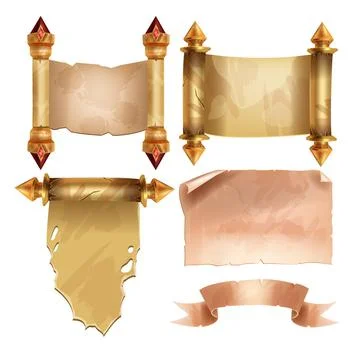 Old parchment paper set, vector game UI scroll papyrus kit 스톡 일러스트