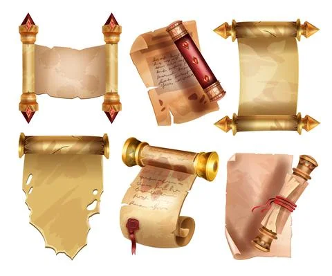 Old parchment paper set, vector papyrus scroll, ancient document Illustrazione stock