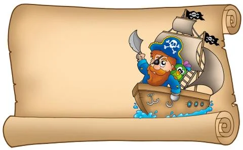 Old parchment with pirate sailing on ship Stockillustratie