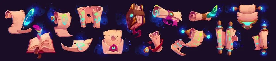Old parchment scroll and magic book ui glow icon Illustrazione stock