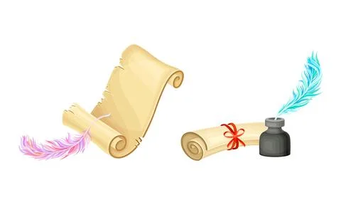 Old parchment scroll, quill pen and inkwell set vector illustration Stock Illustration