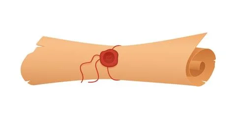 Old parchment scroll roll sealed with ancient wax seal on red rope Stock Illustration