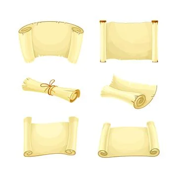 Old parchment scrolls set. Ancient paper, papyrus or antique manuscript cartoon Stock Illustration