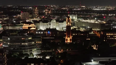 Old Parkland Bell Tower and Domed Pavilion Lit in Dallas Texas Stock Footage 343073496