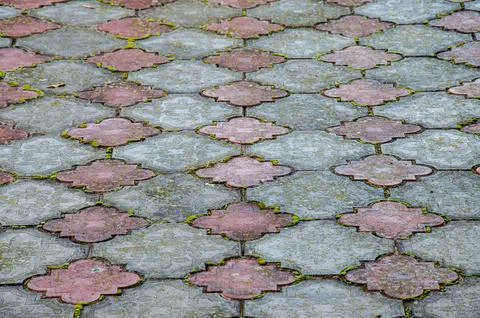 Old paving slabs. Grass makes its way through the cobblestone. Background Stock Photos