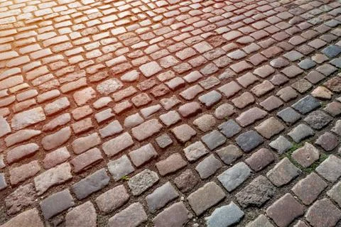 Old paving stones pattern, Texture of ancient german cobblestone in city down 스톡 사진