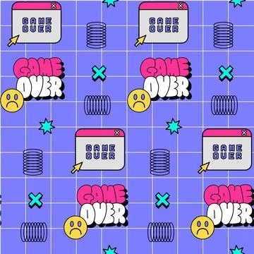 Old PC Game Over nostalgia seamless pattern on purple background. Trendy 80s-00s Stock Illustration