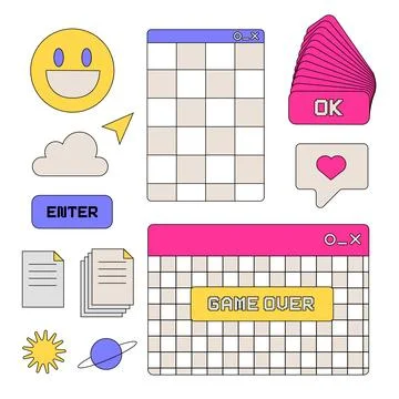 Old PC user interface. Funny set of flat linear UI and UX elements - game over Stock Illustration