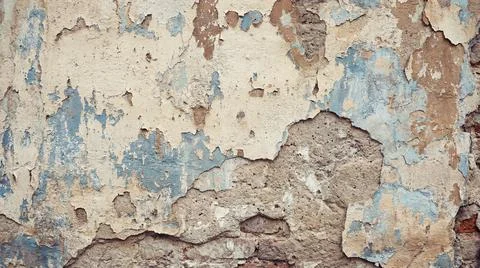 Old peeling paint wall texture with blue and beige colors showing rustic we.. Fotos Stock