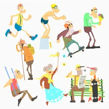 Old People Activities, Flat Vector Illustration Set Stock Illustration