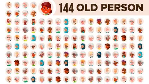 Old People Avatar Set Vector. Multi Racial. Face Emotions. Multinational User Stock Illustration