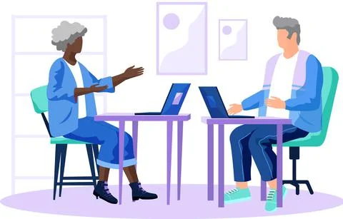 Old people with computer, elderly man and woman pc working with technology and Stock Illustration
