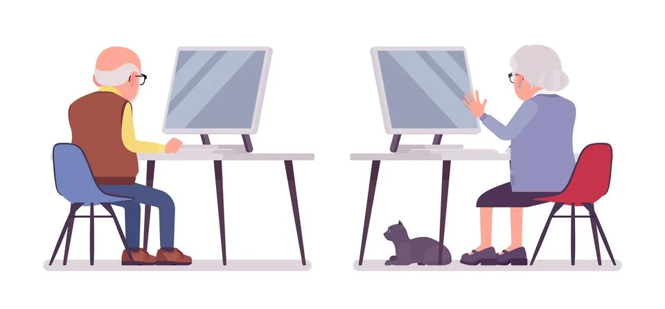 Old people with computer, elderly man, woman pc working Stock Illustration