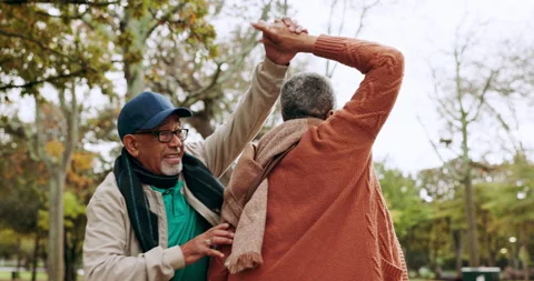 Old people dance in park, happiness and love with marriage, commitment and love 스톡 동영상 254825853