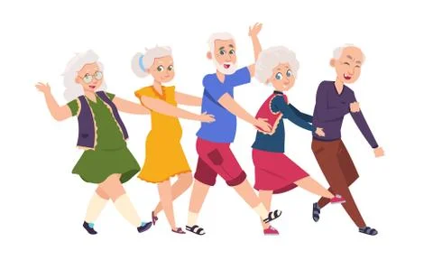 Old people dancing. Diverse elderly cartoon characters dancing a conga line Stock Illustration