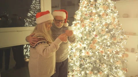 The old people decorating the christmas tree. slow motion Video stock 99142282