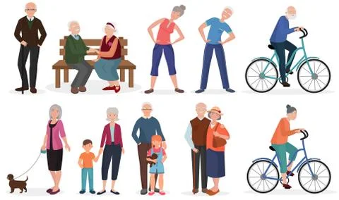 Old people in different activities situations collection. Grandparents couples Stock Illustration