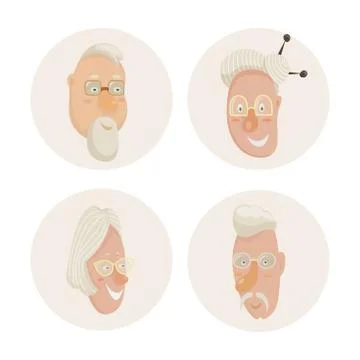 Old people faces set. Cartoon characters. Illustrazione stock