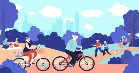 Old people in park. Active elderly, seniors walking dog on nature. Retired Stock Illustration