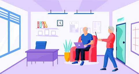 Old people try to use computer. Elderly characters sitting and typing on Illustrazione stock